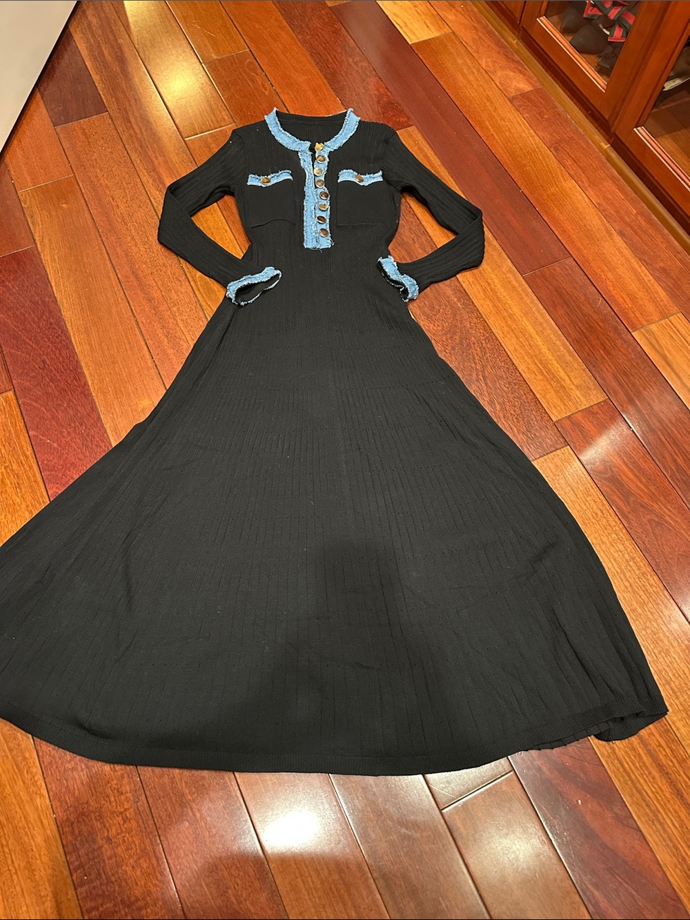 Denim trim knit maxi dress